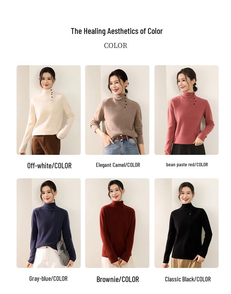 Winter 2025: Loose Casual Wool Sweater with Half-High Collar & Rolled Hem