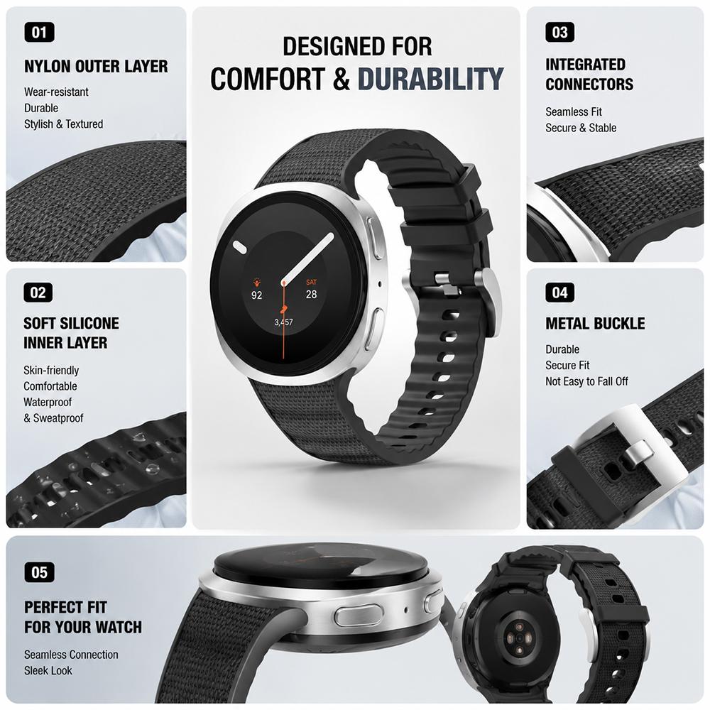 Гибридный силиконовый и нейлоновый ремешок для часов Samsung Galaxy Watch 9 8 Новый прочный дышащий мягкий сменный ремешок Водонепроницаемый Спортивный