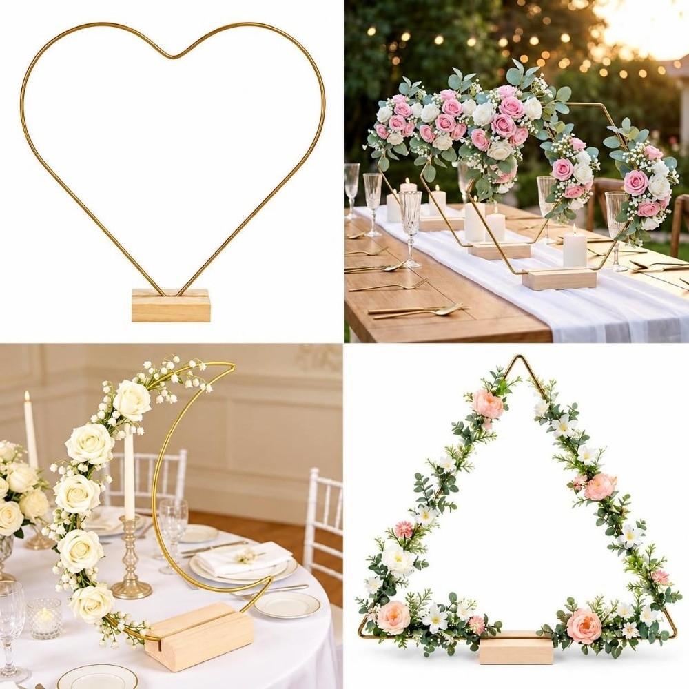 Gold Floral Garland Frame Triangle Moon Shape Hollow Out Metal Hoop Wreath Frame Wedding Decor