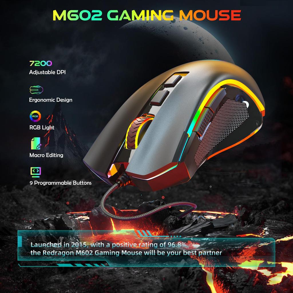 Черная проводная игровая мышь Redragon M602A-RGB с сенсором PAW 3212, 7200 DPI,
