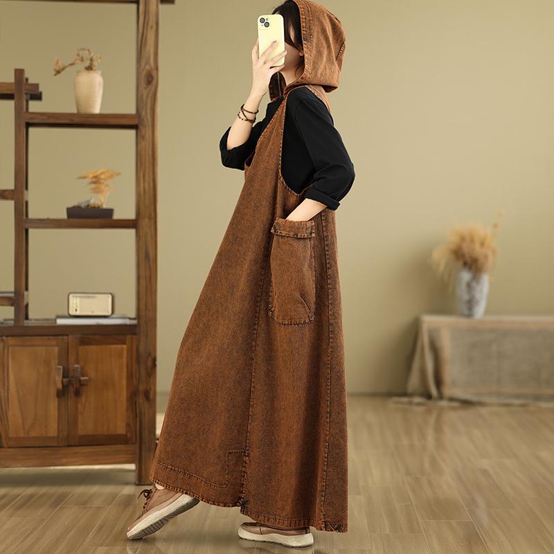 Женское 2025 Новое Летнее Джинсовое Платье Плюс Размер Винтаж Элегантный Свободный Повседневный Базовый Платья С Капюшоном Макси