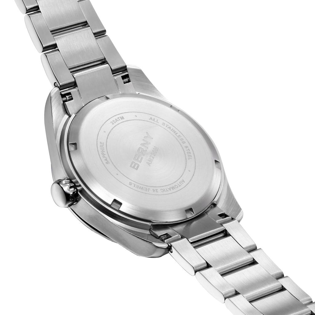 BERNY Автоматические 200М Водонепроницаемые Супер Люминесцентные Полностью из Нержавеющей Стали Аналоговые Сапфировое Стекло Календарь Включен Мужские Часы, Водонепроницаемые, Серебристые, Стальные, Часы, Кристалл,