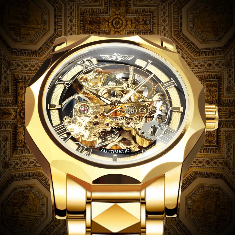 WINNER Luxury Brand Mens Watches Retro Skeleton Automatic Mechanical Watch for Men Stainless Steel Strap Business Wristwatches