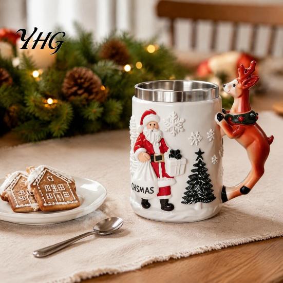 Christmas Stocking Stuffer Santa Claus Coffee Mug with Reindeer Handle, 300ml 3D Winter Party Tableware Embossed Resin Holiday Cup for Hot Cocoa, Home