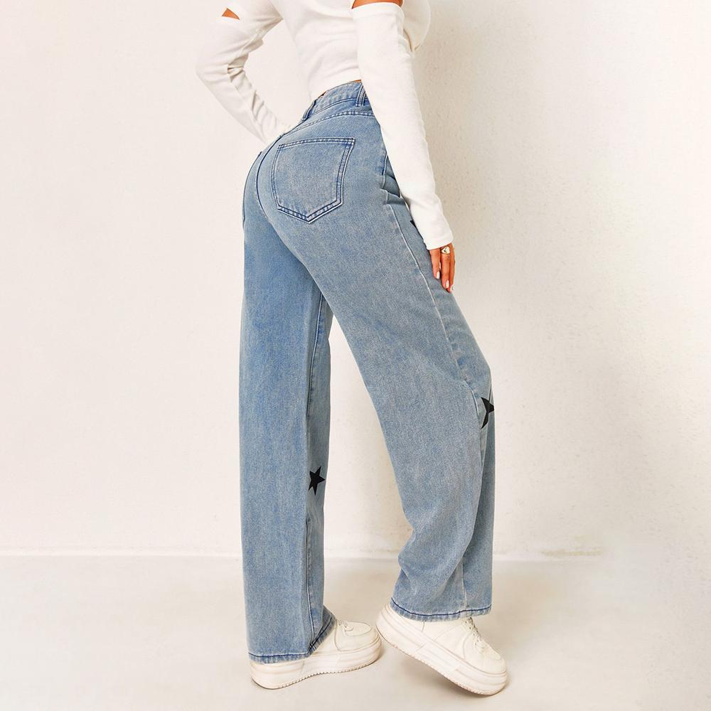 PUFFANPOP Женские джинсы широкие штанины с высокой посадкой джинсовые брюки с принтом свободные прямые джинсы Y2K джинсы