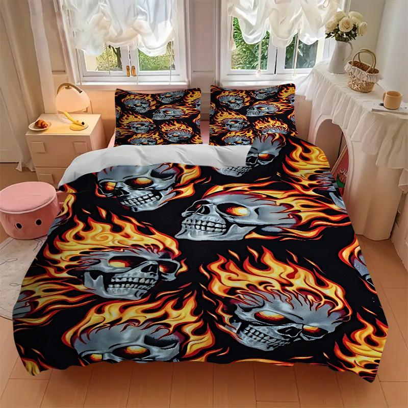 3pcs bedding set Flaming Skulls Includes 1 Comforter + 2 Pillowcases, Without Pillow Inserts, Soft Comfortable, Lightweight Breathable136