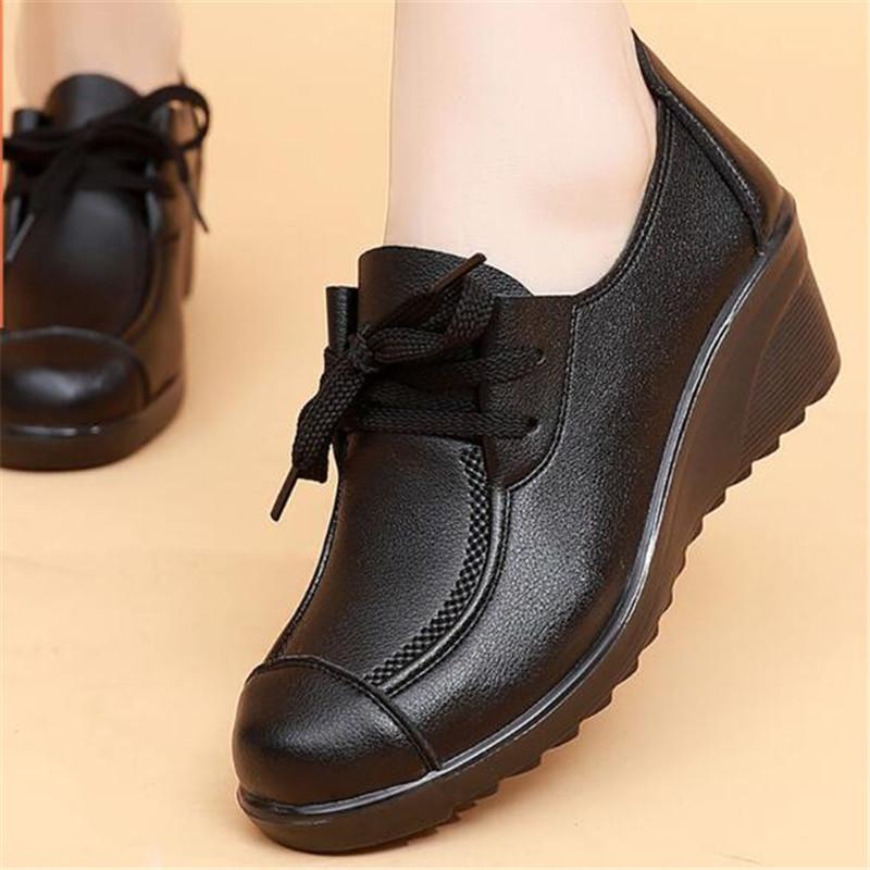 Мода Весна Осень Женская Мода Туфли-лодочки На шнуровке Женские Клиновидные Повседневные Одинарные Туфли Мама Высокие Каблуки Рабочая Обувь