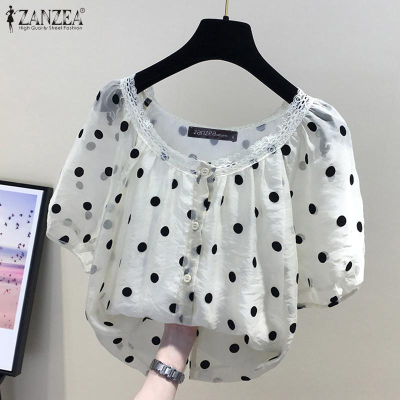 ZANZEA Женская повседневная блузка с коротким рукавом и круглым вырезом в горошек с принтом