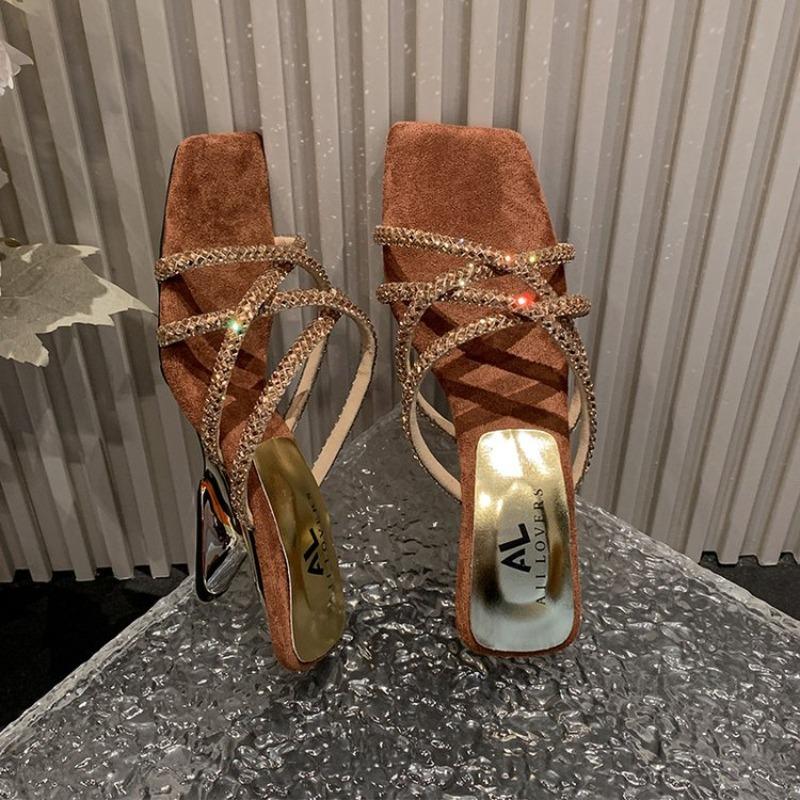 Женские тапочки, летние, новые, на высоком каблуке, с квадратной головкой, со стразами, тонкие, комбинированные, повседневные, модные, тонкие тапочки