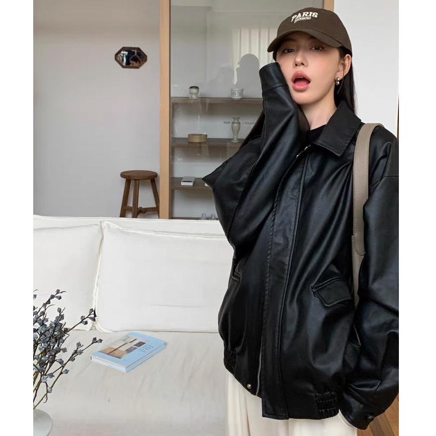 Женская мотоциклетная куртка из коричневой кожи в американском ретро-стиле - осень 2023 г., корейский стиль