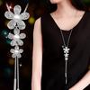 Lady Three Flowers Pendant Tassel Sweater Necklace Jewelry