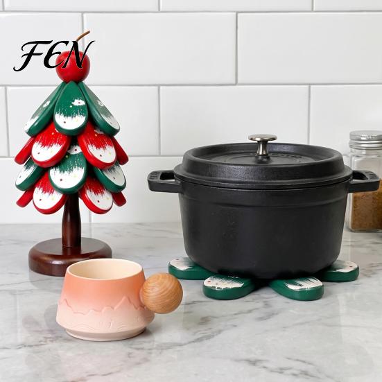 Decorative Holiday Tray Christmas Tree Wooden Trivets, Durable Pine Wood Potholders with Storage Stand, Foldable Pot Holder Heat Resistant Countertop