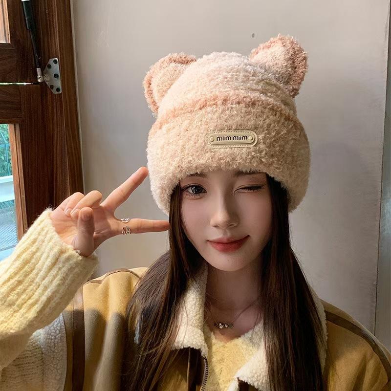 Hat Women's Autumn and Winter Sweet and Cute Ear Wool Hat Outdoor Warmth Thick Ear Protection Face Small Pullover Hat Trendy