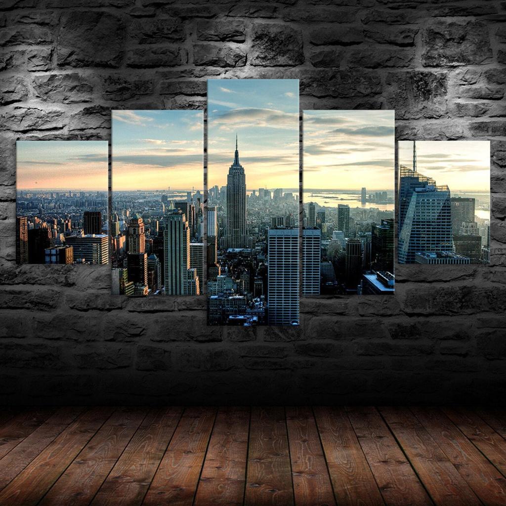 New York City Buildings Landscape 5 Piece Five Panel Wall Canvas Print Modern Art Poster Picture Home Decor Gift For Him For Her