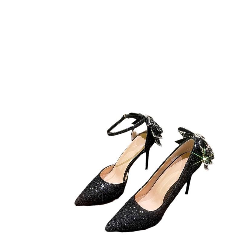 Серебряные туфли на высоком каблуке, лето 2024, женские, новые, красивые, с блестками, с острым каблуком-бантом, свадебные туфли