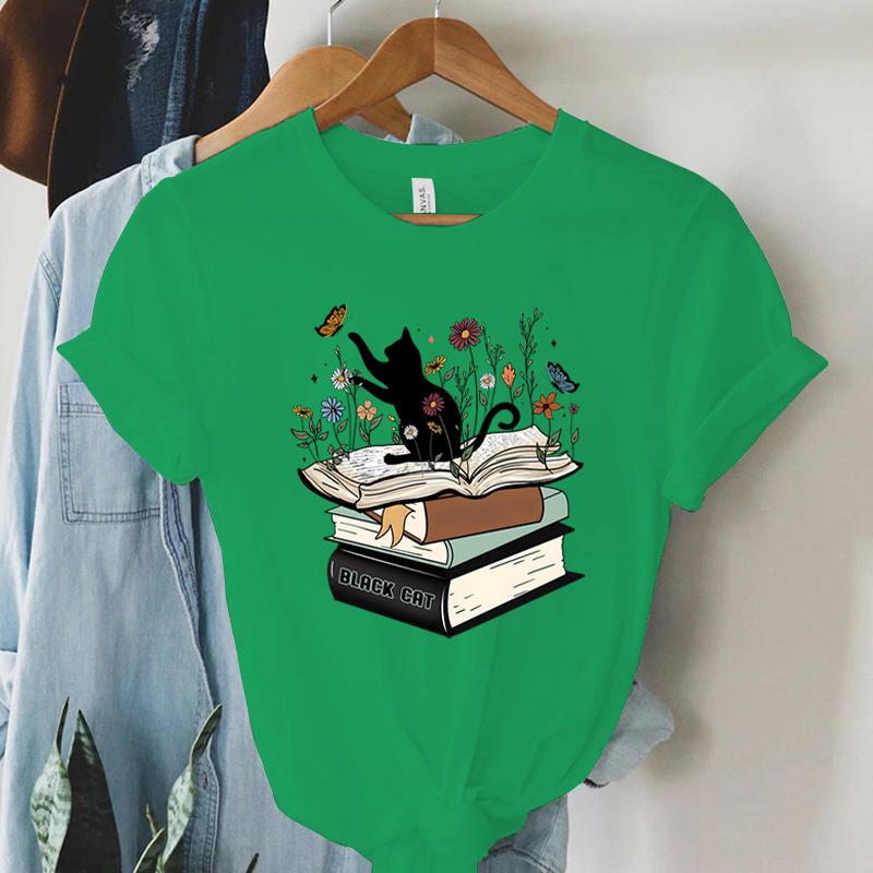 Футболка с принтом «Кошка с книгой» Футболка унисекс с цветочным принтом и принтом «Полевые цветы» Футболка с короткими рукавами для летних любителей книг Литература FeУнисекс Топы Топы унисекс