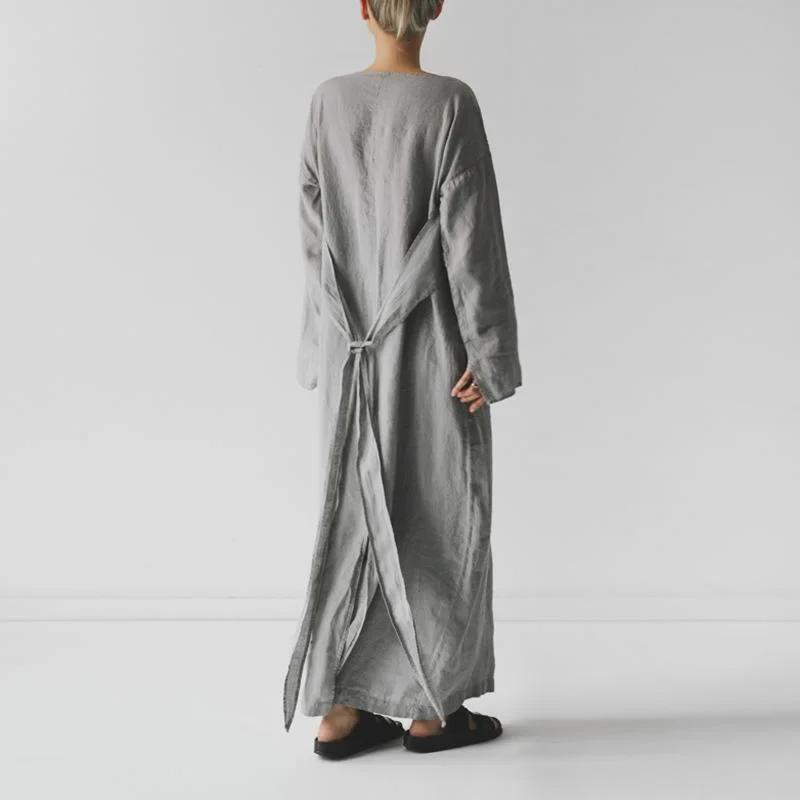 2023 Новое платье из хлопка и льна с длинной юбкой на одно плечо с завязками и длинными рукавами