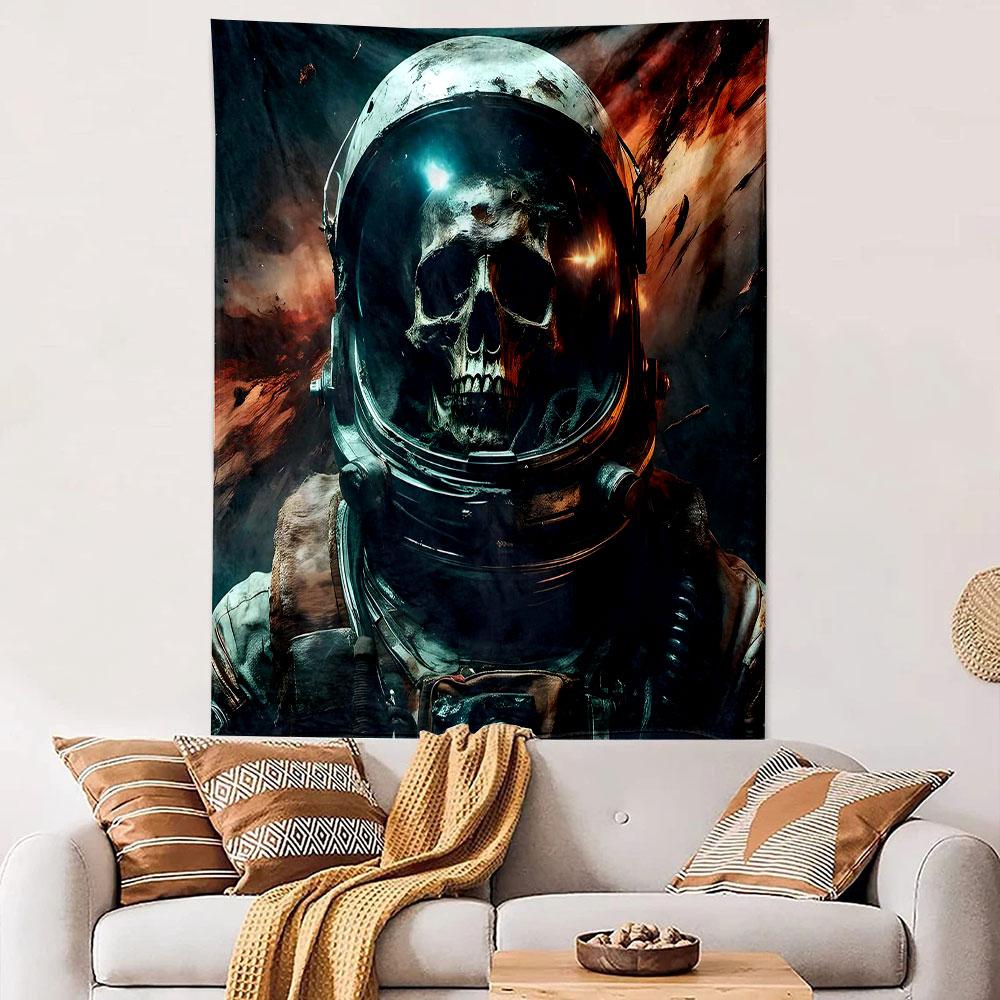 "Skull Astronaut in Fiery Space Scene" Patterned Tapestry Decorative Wall Hanging, Home Bedroom Living Room Decor