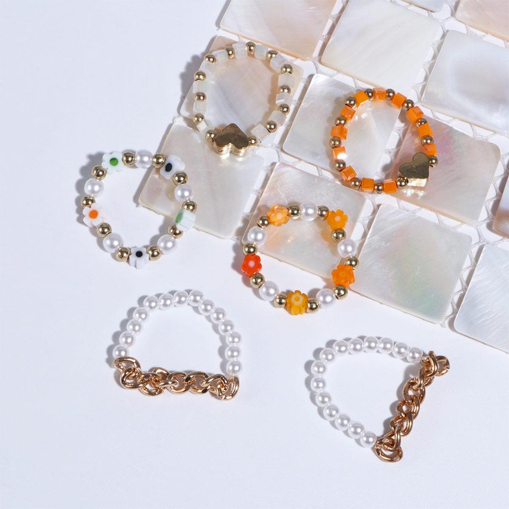 Cute Elastic Pearl Bohemia Love Heart Flower Party Jewelry Women Ring Finger Ring Set Beaded Rings