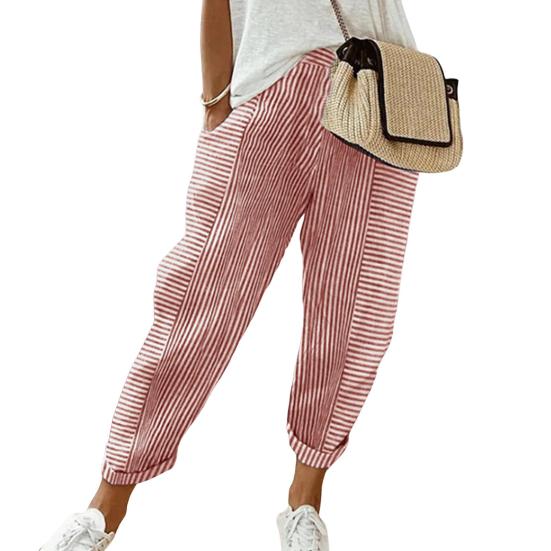 Women Casual Pants Elastic Waist Mid-rise Summer Jacquard Long Pants with Pockets Striped Print Loose Fit Trousers