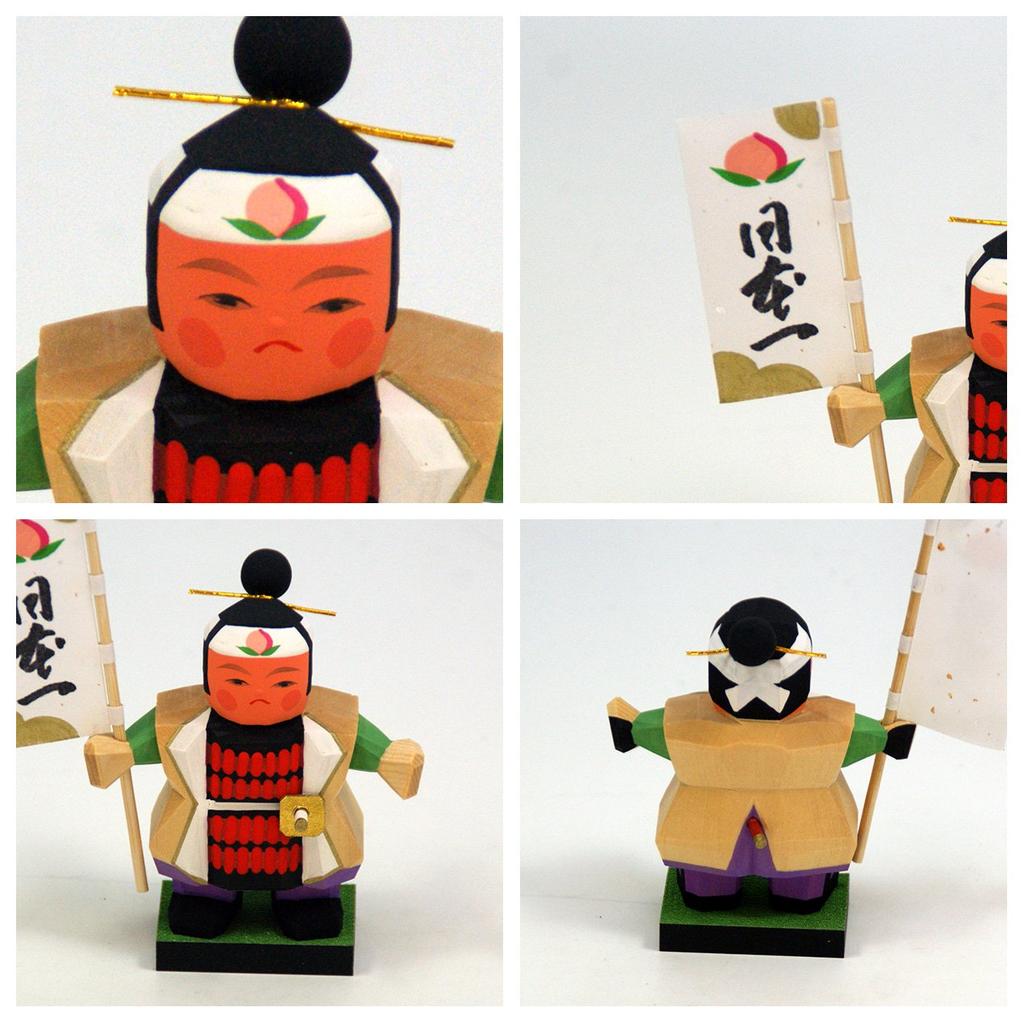 Osaka Choseido May Festival Helmet Compact with Name Engraving and Wooden Plaque Nagumo Momotaro Doll, Ornament, Mini, Wooden, One-Piece Carving,