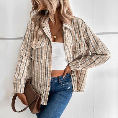 Осенне-весенняя женская куртка с принтом в клетку в стиле ретро, отложным воротником, однобортная модель, нагрудные карманы, длинные рукава, свободная модель для поездок на работу