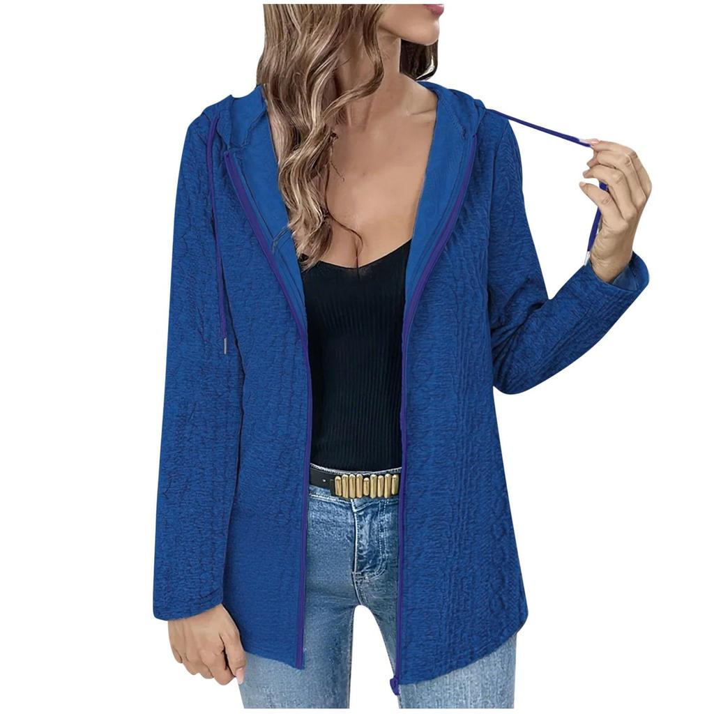 Women's Solid Color Loose Zipper Long Sleeved Hooded Top Casual Cardigan Jacket