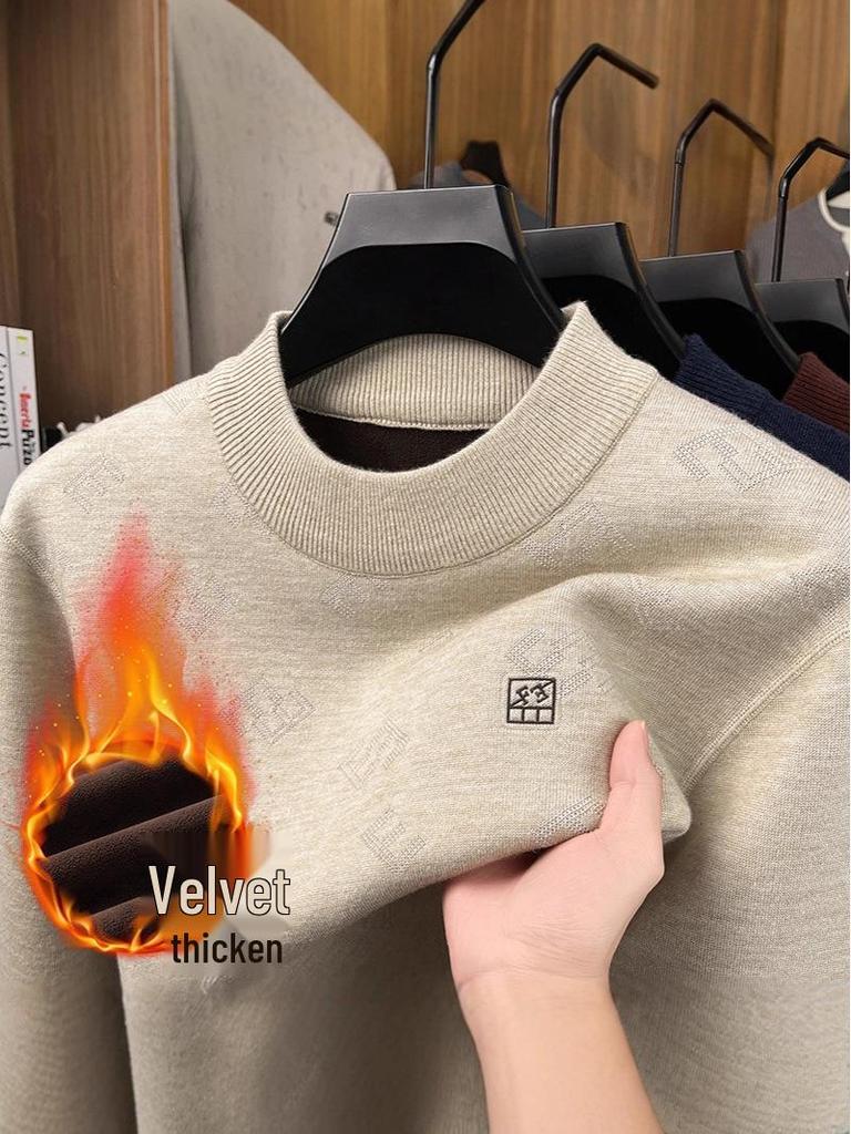 Men's Half-High Collar Jacquard Sweater with Velvet Lining - Warm, Skin-Friendly Knit Base Layer for Fall/Winter