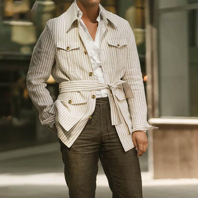 Весенне-осенний мужской кардиган в полоску с несколькими карманами, с длинным рукавом, большого размера, повседневный пиджак