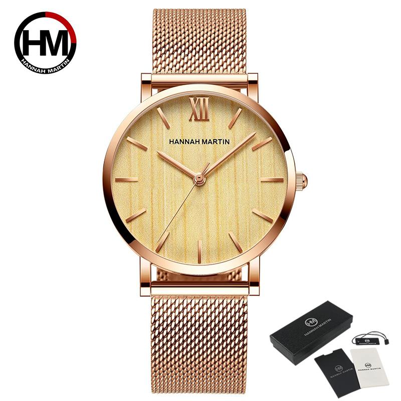 Hannah Martin Wood Grain Walnut Japan Quartz Movement Ladies Watches Luxury Brand Mesh Band Waterproof Women Wrist Watches