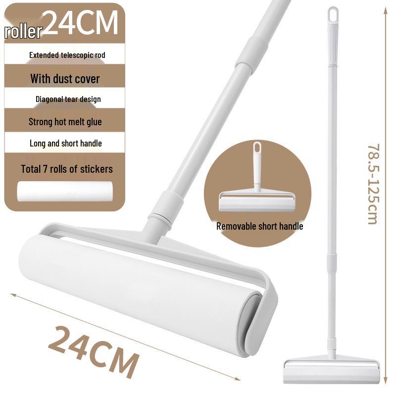 Long-Handle Lint Roller: Hair & Dust Removal Sticky Brush with Tearable Rolls for Floor and Bed.