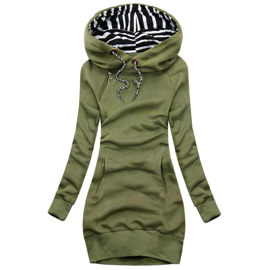 Women Fashion Solid Sweatshirt Pocket Stripe Turtleneck Hooded Long Sleeve Top
