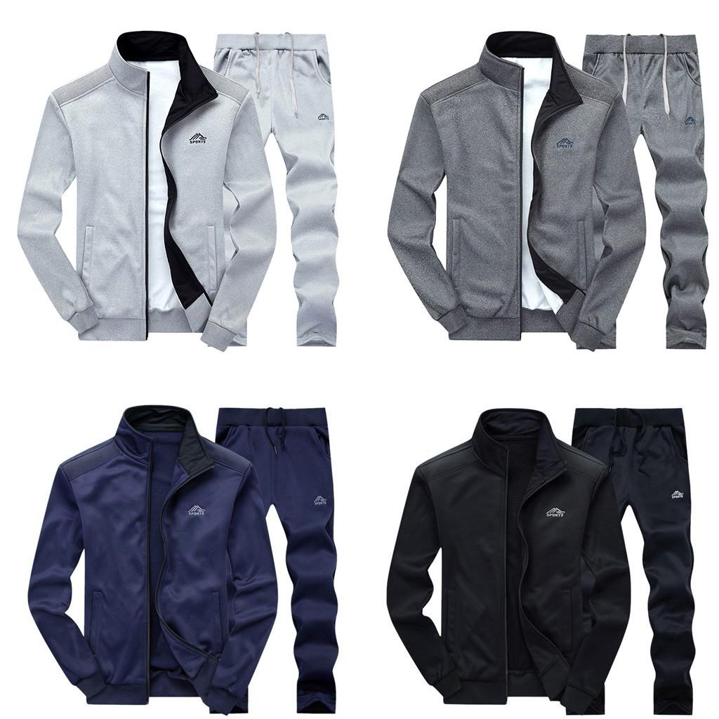 Men's Winter Solid Sweatshirt Tops Pants Sets Sports Suit Tracksuit