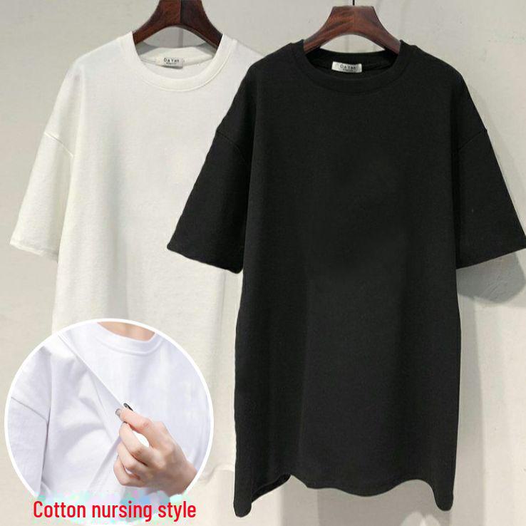 Футболка из хлопка с короткими рукавами для кормящих мам - свободный летний топ для кормящих мам