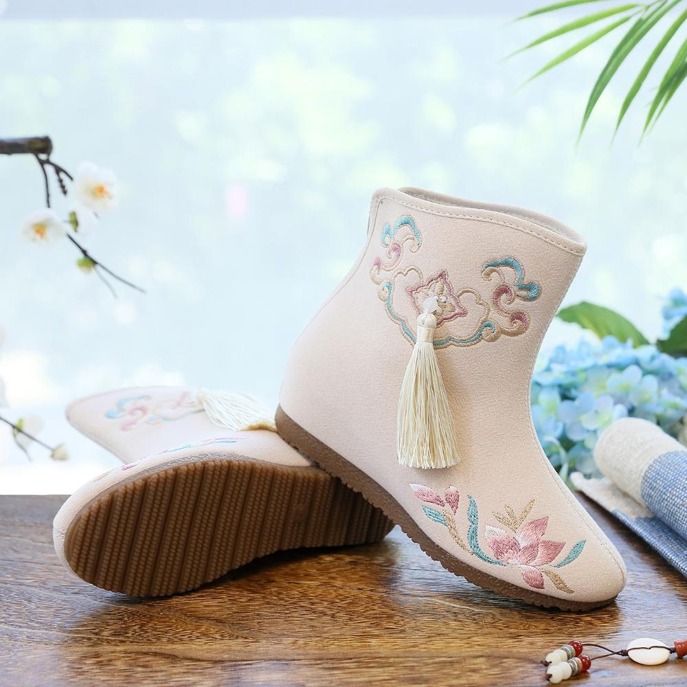 Зимние женские вышитые туфли в китайском стиле, туфли на платформе, ханьфу, zapatos, женские повседневные винтажные белые ботильоны