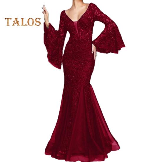 Женское вечернее платье с V-образным вырезом, прозрачной кружевной вышивкой, расклешенными рукавами, бальное платье А-силуэта, подол «рыбий хвост», облегающее коктейльное вечернее платье, выпускной, банкетное платье макси