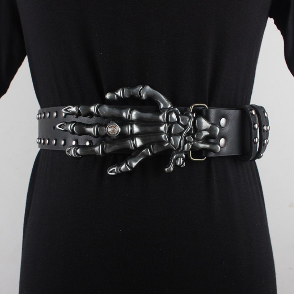 Cool Skull Wide Waistband Y2K Skeleton Fingers Belt Strap Buckle Black Rivet Belt  Couple