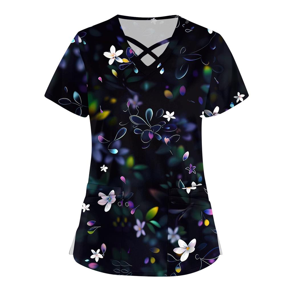 Women's Short Sleeve Stagger V Neck Print Pocket Dry-nurse Top