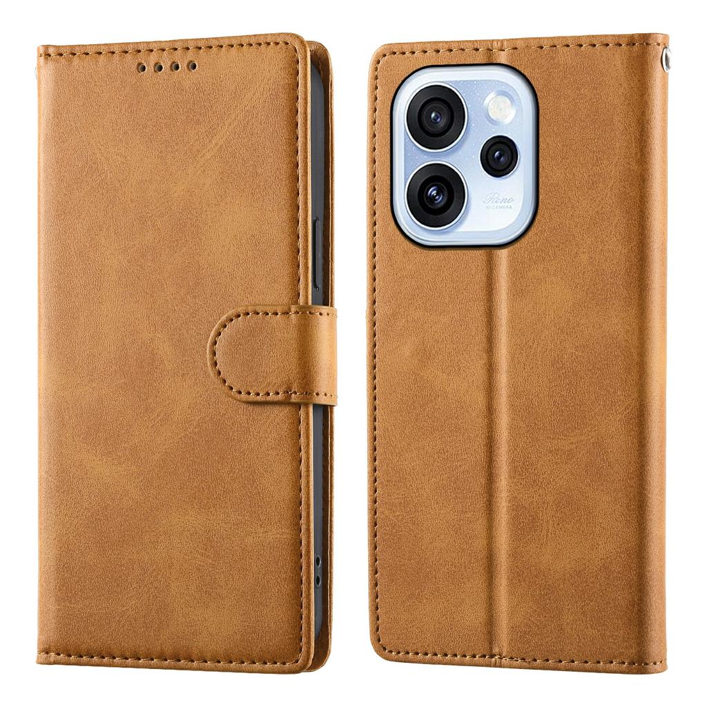 For Oppo Reno15 F 5G Case Stand Wallet Calf Texture PU Leather Flip Phone Cover with Wrist Strap