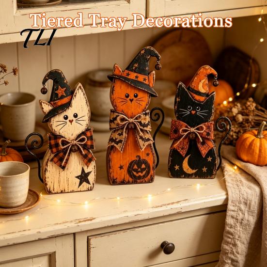 Whimsical Witch Hat Cat Figurines 3Pcs Rustic Wooden Halloween Tabletop Decor, Farmhouse Black Figurine Moon Star Pumpkin Art with Hat,