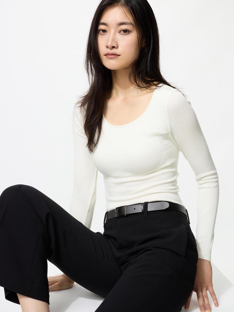 Uniqlo Ультра теплое термобелье с рубчиком, с U-образным вырезом, футболка с длинным рукавом