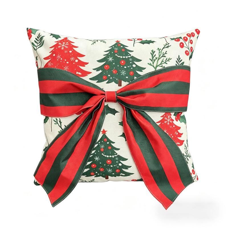 Christmas Pillow Cover With Bow Tie Decorative Square Cushion Case Sofa Chair Living Room Holiday Home Decoration