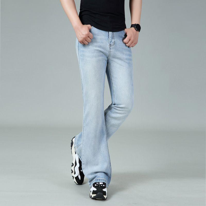 Мужские расклешенные джинсы средней посадки, мужские облегающие повседневные брюки из денима, светло-голубые джинсы