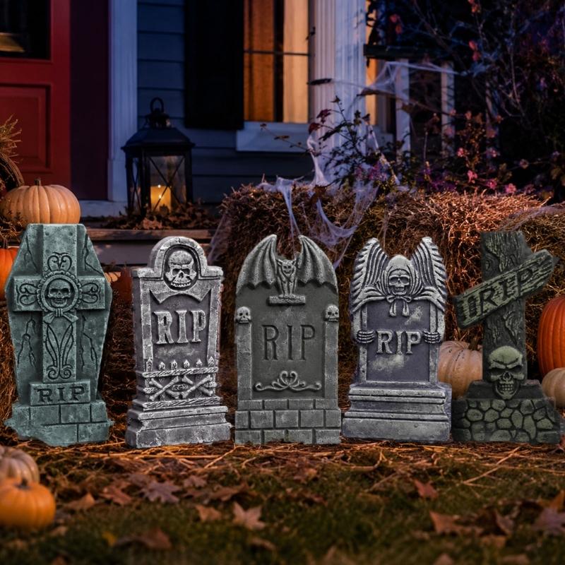 Fall Yard Scene Set, 5 Foam Grave Marker Pieces for Porch Entry Lawn Garden Display, Party Use, Outdoor Themes,