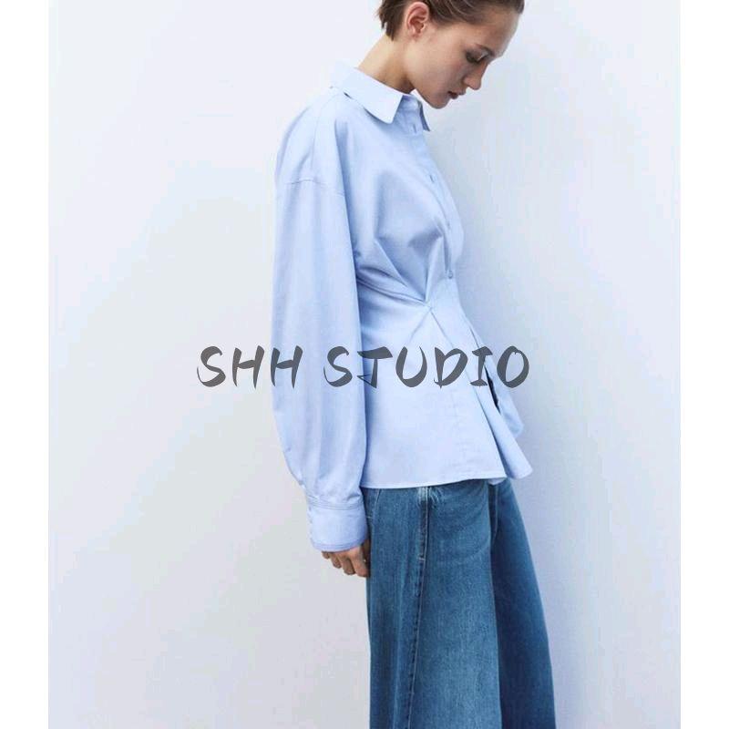 Spring New Women's Clothing Minimalist Style Waist Button Decoration Oxford Long Sleeves Lapel Shirt Tops 2190772