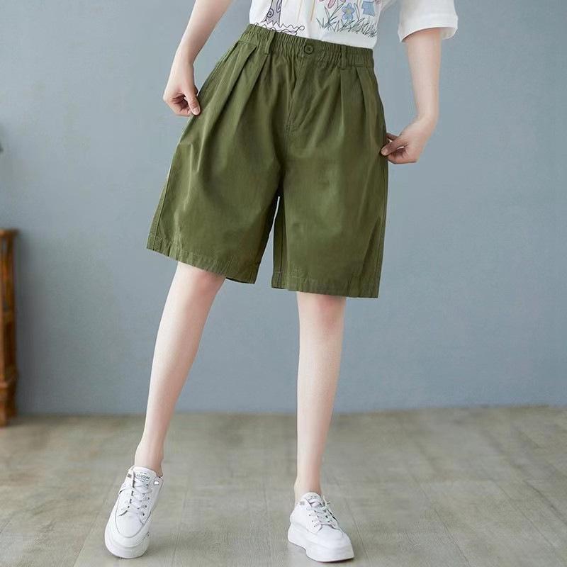 Women's Trendy Cotton Casual Loose-Fit Elastic Waist Shorts - Solid Color, Plus Size, Summer Style