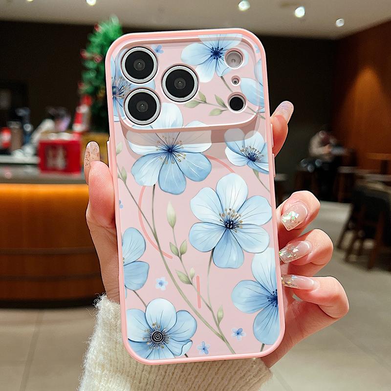 Красивый чехол с узором из небесно-голубых цветов для iPhone 17 Pro Max Магнитный для Magsafe Покрытие с ощущением кожи для iPhone 16 15 14 13 Pro Max
