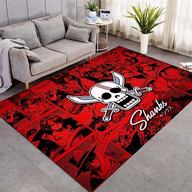 Red Pirate Skull Cross Swords Area Rug, Shanks Comic Collage Print Non Slip Floor Carpet for Living Room Bedroom Decor