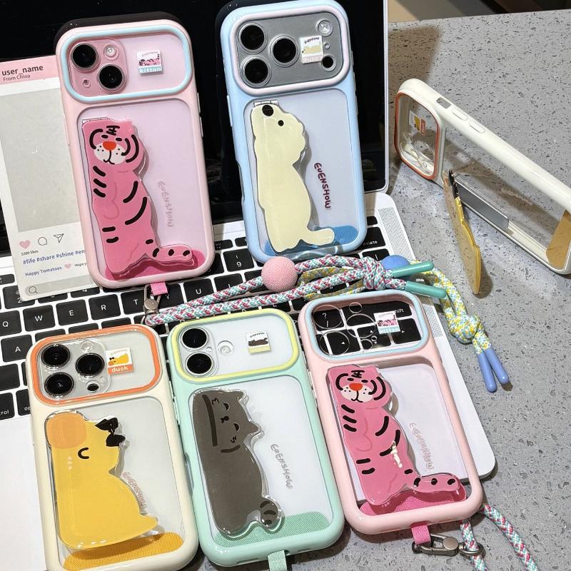 Cute Three-dimensional Animal Holder Mobile Phone Case, Macaron Large Window Soft Case, with Lanyard Tiger Cat Dog Cartoon Protective Case