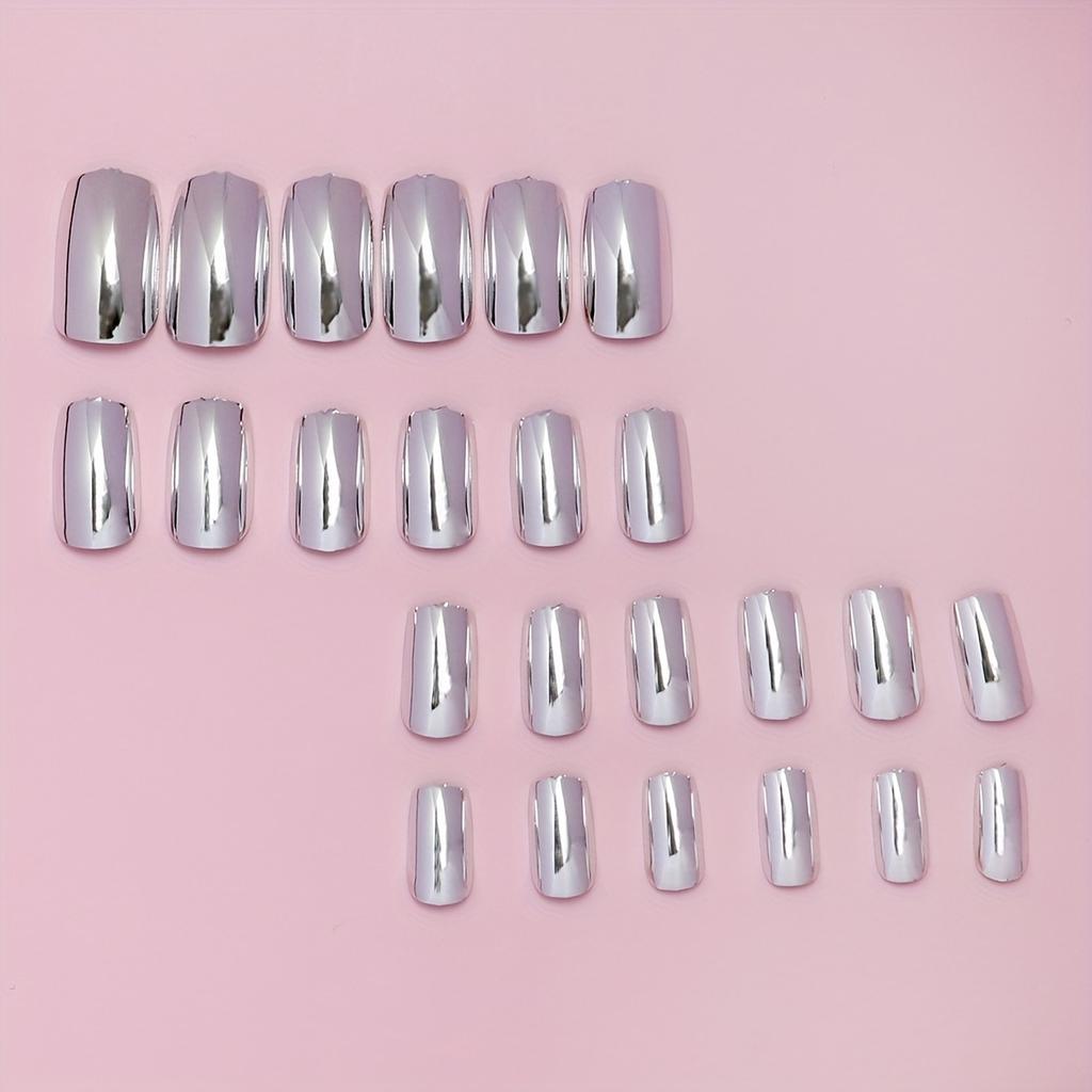 Medium Squoval Press On Nails, , Silver Mirror Glossy Fake Nails, Acrylic All Cover False Nails For Women And Girls 24pcs ,Without Acetone